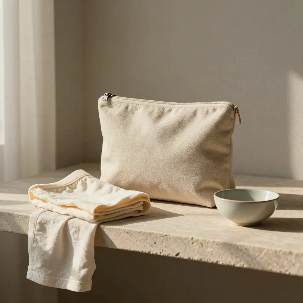 Starter okresowy z bielizną i ceramiczną misą na kamiennej półce w sypialni.